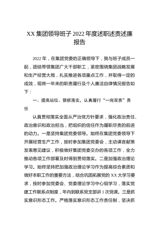XX集团领导班子2022年度述职述责述廉报告