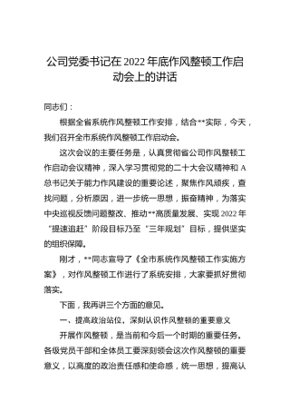 公司党委书记在2022年底作风整顿工作启动会上的讲话