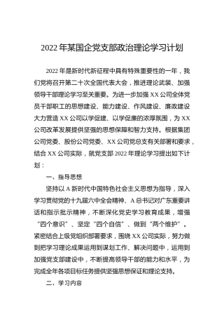 2022年某国企党支部政治理论学习计划