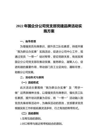 2022年国企分公司党支部党建品牌活动实施方案