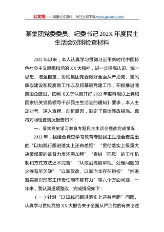 某集团党委委员、纪委书记202X年度民主生活会对照检查材料