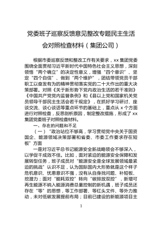 党委班子巡察反馈意见整改专题民主生活会对照检查材料（集团公司）