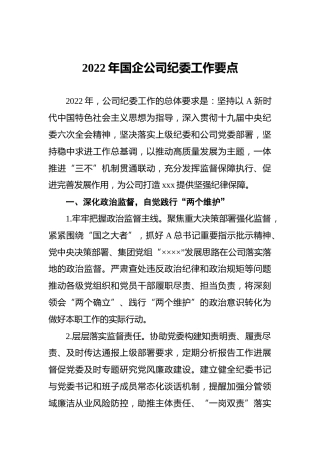 2022年国企公司纪委工作要点