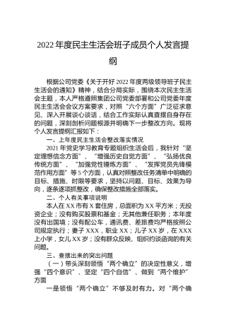 （公司）2022年度民主生活会班子成员个人发言提纲