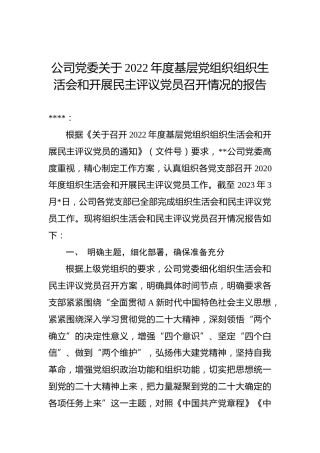 公司党委关于2022年度基层党组织组织生活会和开展民主评议党员召开情况的报告