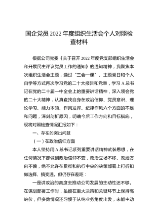国企党员2022年度组织生活会个人对照检查材料