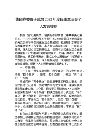 集团党委班子成员2022年度民主生活会个人发言提纲