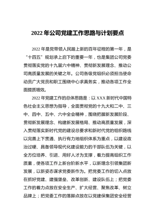 2022年公司党建工作思路与计划要点