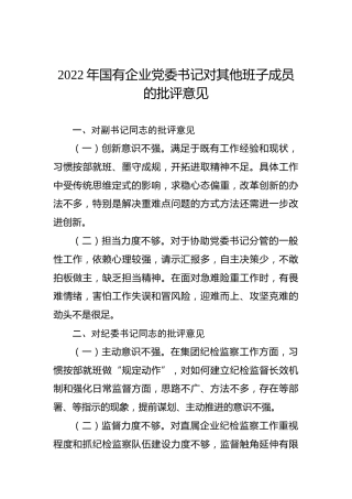 2022年国有企业党委书记对其他班子成员的批评意见