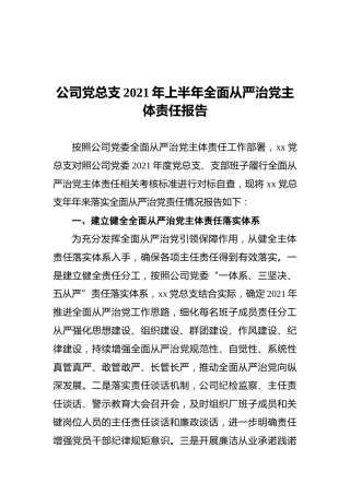 公司党总支2021年上半年全面从严治党主体责任报告