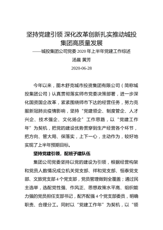 坚持党建引领 深化改革创新扎实推动城投集团高质量发展——城投集团公司党委2020年上半年党建工作综述