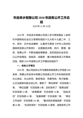 市自来水有限公司2020年政务公开工作总结