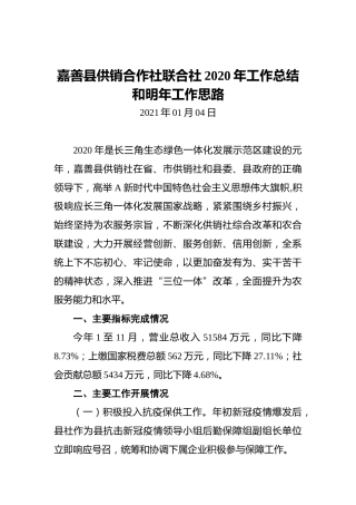 嘉善县供销合作社联合社2020年工作总结和明年工作思路