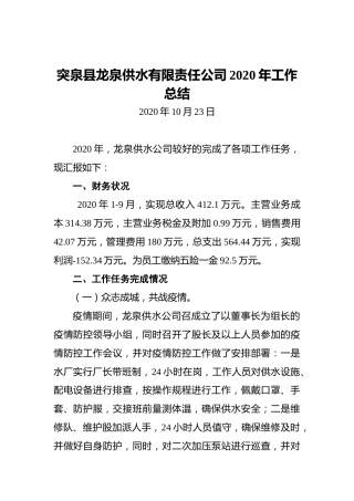 突泉县龙泉供水有限责任公司2020年工作总结