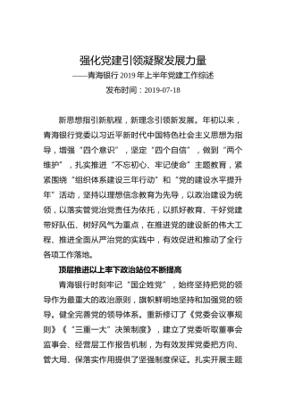 强化党建引领凝聚发展力量——青海银行2019年上半年党建工作综述