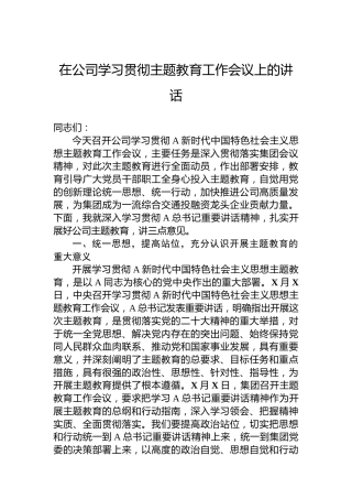 在公司学习贯彻主题教育工作会议上的讲话