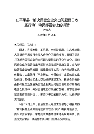 孙环志：在平果县“解决民营企业突出问题百日攻坚行动”动员部署会上的讲话
