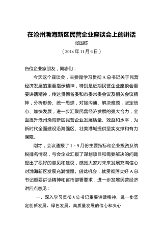 张国栋：在沧州渤海新区民营企业座谈会上的讲话