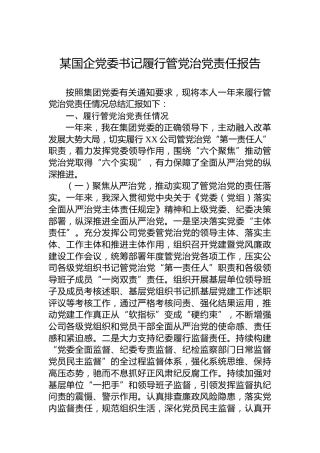 某国企党委书记履行管党治党责任报告