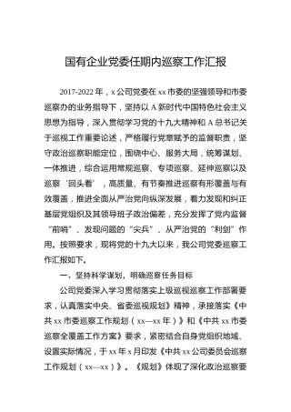国有企业党委任期内巡察工作汇报