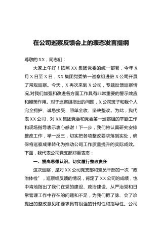 在公司巡察反馈会上的表态发言提纲