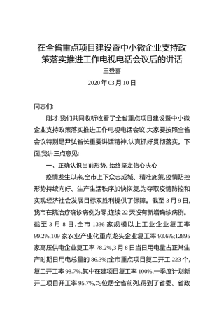 王登喜：在全省重点项目建设暨中小微企业支持政策落实推进工作电视电话会议后的讲话