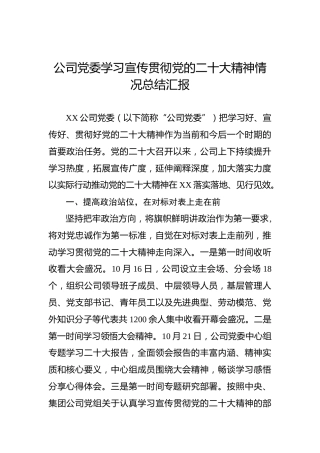 公司党委学习宣传贯彻党的二十大精神情况总结汇报