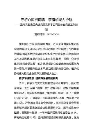 守初心固根铸魂　擎旗帜聚力护航—— 淮海实业集团先进党总支新宇公司党总支党建工作综述