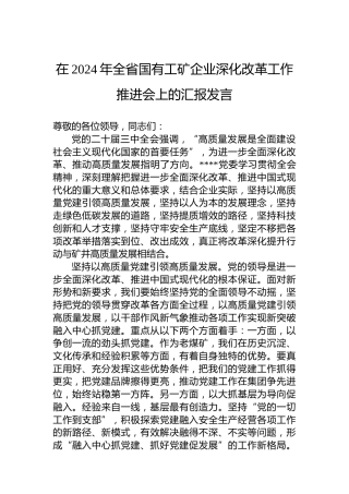 在2024年全省国有工矿企业深化改革工作推进会上的汇报发言