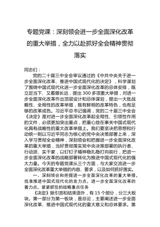党的二十届三中全会精神党课讲稿：深刻领会进一步全面深化改革的重大举措，全力以赴抓好全会精神贯彻落实