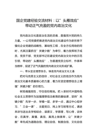 国企党建经验交流材料：以”头雁效应”带动正气充盈的党内政治文化