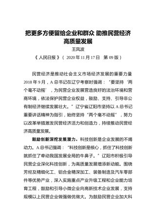 王凤波：把更多方便留给企业和群众助推民营经济高质量发展