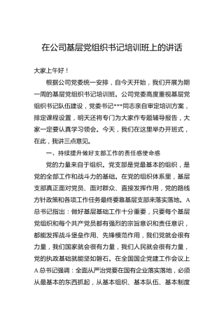 在公司基层党组织书记培训班上的讲话