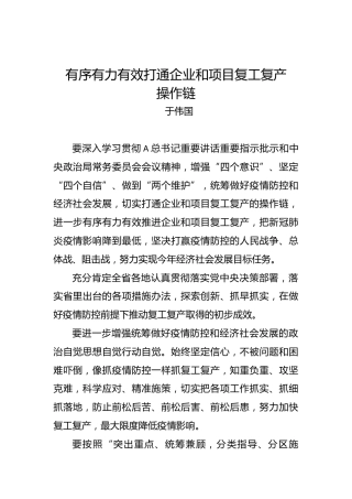 于伟国：有序有力有效打通企业和项目复工复产操作链