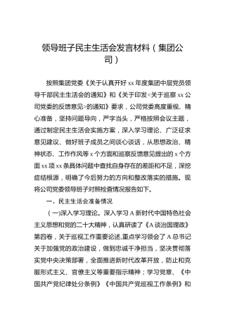领导班子民主生活会发言材料（集团公司）
