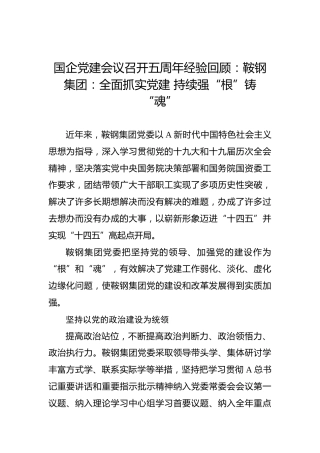 国企党建会议召开五周年经验回顾：鞍钢集团：全面抓实党建 持续强“根”铸“魂”