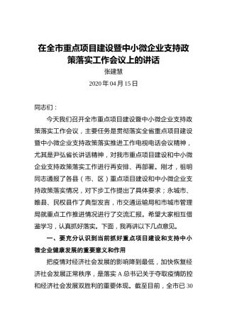 张建慧：在全市重点项目建设暨中小微企业支持政策落实工作会议上的讲话