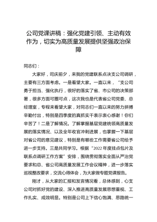 公司党课讲稿：强化党建引领、主动有效作为，切实为高质量发展提供坚强政治保障