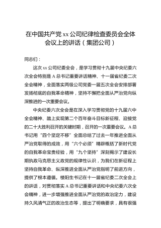 在中国共产党xx公司纪律检查委员会全体会议上的讲话（集团公司）