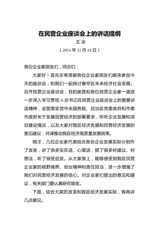 王冰：在民营企业座谈会上的讲话提纲