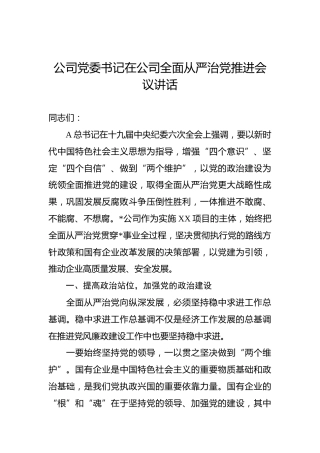 公司党委书记在公司全面从严治党推进会议讲话