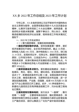 XX乡2022年工作总结及2023年工作计划（20221123）