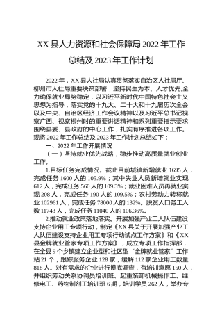 XX县人力资源和社会保障局2022年工作总结及2023年工作计划(20221028)