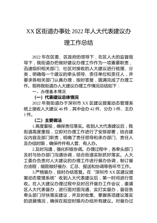 XX区街道办事处2022年人大代表建议办理工作总结(20221031)