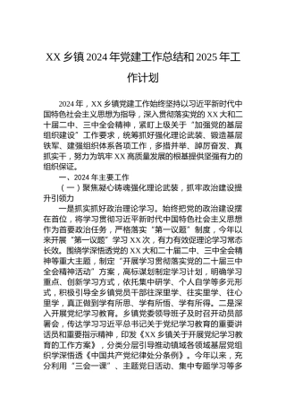 XX乡镇2024年党建工作总结和2025年工作计划