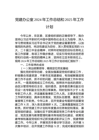 党建办公室2024年工作总结和2025年工作计划