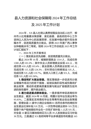 县人力资源和社会保障局2024年工作总结及2025年工作计划