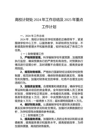 高校计财处2024年工作总结及2025年重点工作计划