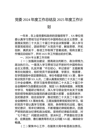 党委2024年度工作总结及2025年度工作计划