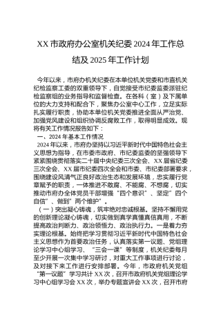 XX市政府办公室机关纪委2024年工作总结及2025年工作计划